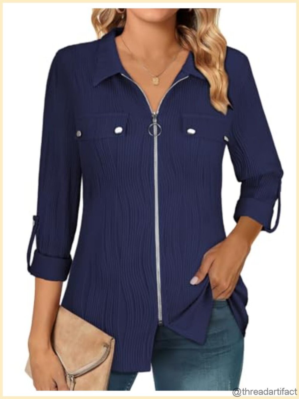 Womens Zip Front Blouse Roll Up 3/4 Sleeve Collared V Neck Business Casual Top